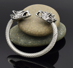 Asgard Crafted Handcrafted Stainless Steel Large Grey Wolf Head Torc Bracelet
